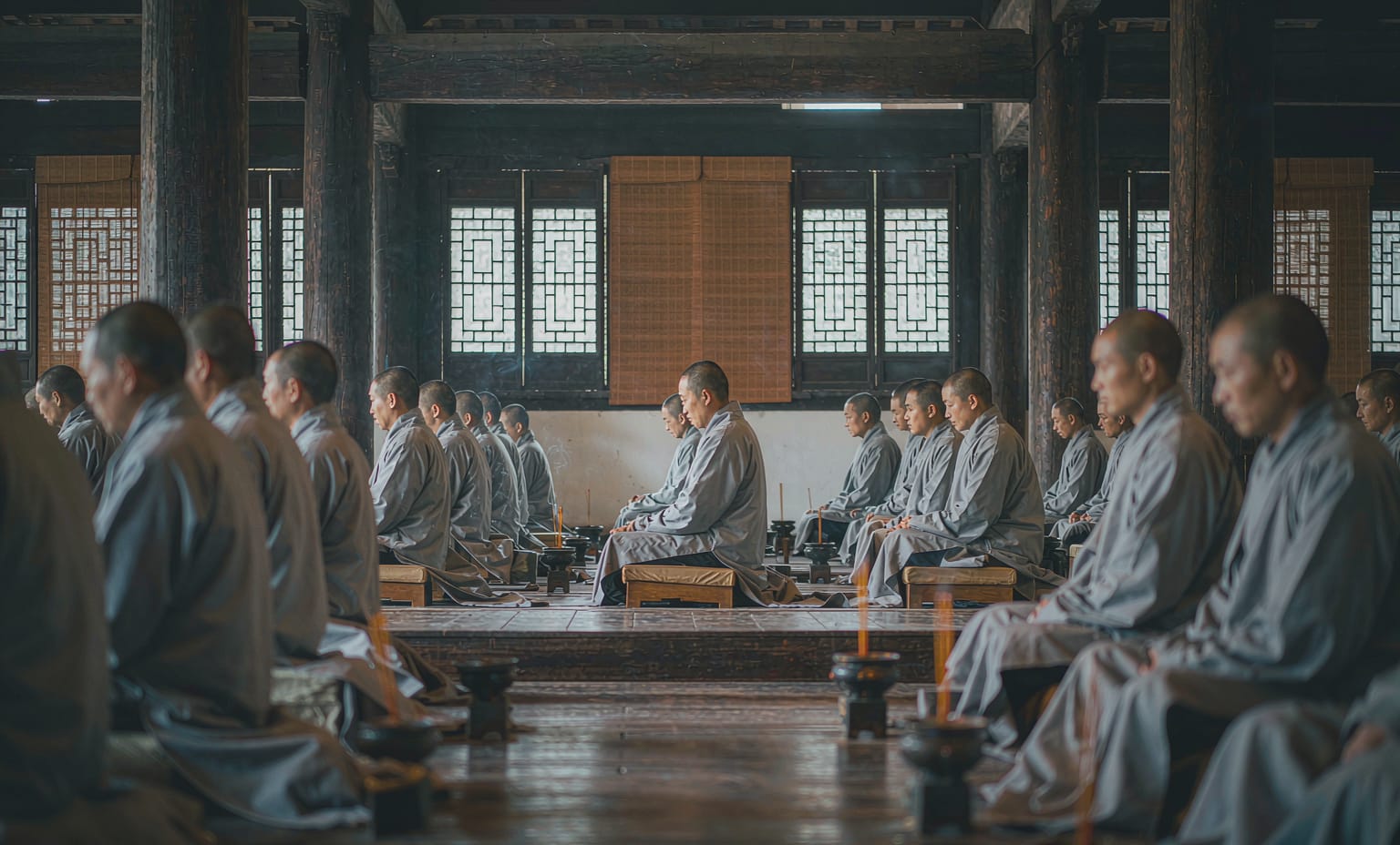 Corredor de templo chinês com luz da manhã